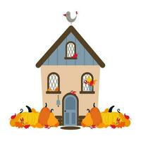 höst söt hus med fågel, löv, bär och pumpor. ljuv Hem eller Välkommen Hem begrepp. vektor platt illustration.