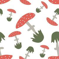 nahtlos Amanita Karikatur Muster. Vektor endlos rot Pilz Hintergrund. Natur, Pilz, Gras, Herbst Illustration. Design Grafik zum Stoff, Postkarte, Textil, Poster, Dekoration, Hintergrund.