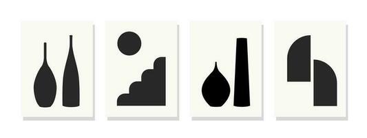 en samling av minimalistisk svart och vit abstrakt konst utforskar form, kontrast, och uppfattning på en ren vit duk. vektor