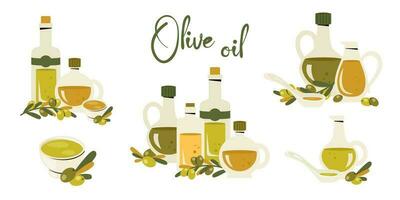 einstellen von Glas Olive Öl Flaschen. Krug und verkorkt Flasche von extra Jungfrau Olive Öl, Ast von Olive Bäume, Blätter. Geschirr, Kochen Konzept. gesund organisch Lebensmittel. Vektor eben Illustration