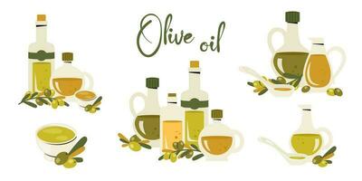 uppsättning av glas oliv olja flaskor. tillbringare och korkad flaska av extra jungfrulig oliv olja, gren av oliv träd, löv. köksutrustning, matlagning begrepp. friska organisk mat. vektor platt illustration