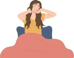 Lycklig stretching kvinna vakna upp i de morgon- illustration grafisk tecknad serie konst vektor