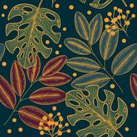 tropisch Herbst nahtlos Muster mit Blätter, Fikus, Monstera, Beeren auf dunkel Blau Hintergrund vektor