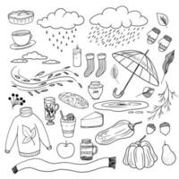 einstellen von Herbst gemütlich Elemente. Kürbis, Blätter, Regenschirm, Schal, Tasse von Tee, Socken, Pullover, Fäustlinge, Wolken, Regen, Wind, Pfütze, Blätter, Eichel, Nachspeisen. Sammlung von natürlich Phänomene Abbildungen vektor