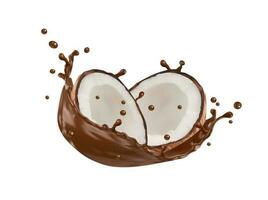 realistisk kokos och choklad mjölk virvla runt stänk vektor