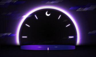 3d gerendert Neon- Podium mit glühend Uhr auf Hintergrund mit 12 Mitternacht wie Halbmond Mond Symbol. 3d Cyber Plattform Studio Hintergrund Vorlage. Vektor Illustration. eps 10.