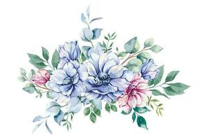 Anemone Blumen Aquarell Illustration. Blau, Rosa und lila Anemonen Hand gemalt isoliert auf Weiß Hintergrund. perfekt zum Hochzeit Einladungen, Braut- Dusche und Blumen- Gruß Karten vektor