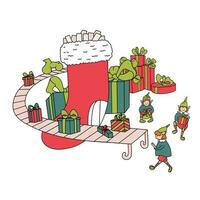 jultomten verkstad illustration med rolig älvor isolerat på vit bakgrund. tecknad serie klotter med jul strumpa utseende tycka om som gåva fabrik vektor
