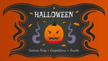 Halloween Party Banner, Ankündigung mit traditionell Kürbis und kurvig schwarz rahmen, Halloween Feier Fall, glücklich Halloween vektor