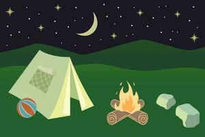 camping illustration med tält, brand och stenar. natt tid camping illustration under starry himmel. vektor