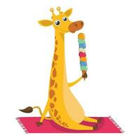 Giraffe ist Sitzung auf ein Decke oder Handtuch, Essen ein groß mehrfarbig Eis Creme. Vektor Grafik.