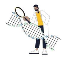 Wissenschaftler studieren DNA eben Linie Konzept Vektor Stelle Illustration. jung Mann mit Vergrößerung Glas 2d Karikatur Gliederung Charakter auf Weiß zum Netz ui Design. editierbar isoliert Farbe Held Bild