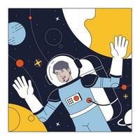 Astronaut im Raum passen eben Linie Konzept Vektor Stelle Illustration. arabisch Mann erkunden Raum 2d Karikatur Gliederung Charakter auf Weiß zum Netz ui Design. editierbar isoliert Farbe Held Bild