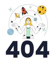 kvinna forskare utforska galax fel 404 blixt meddelande. flyg- teknik. tömma stat ui design. sida inte hittades dyka upp tecknad serie bild. vektor platt illustration begrepp på vit bakgrund