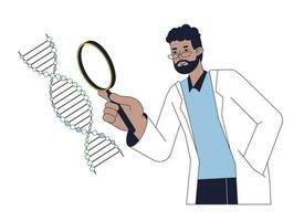 forskare studie dna helix platt linje begrepp vektor fläck illustration. bioteknik och teknik 2d tecknad serie översikt karaktär på vit för webb ui design. redigerbar isolerat Färg hjälte bild