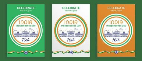 tre Indien oberoende dag vertikal vektor posters med de flagga och symboler av Indien, arkitektonisk linje konst byggnad och firande datum, 15:e av augusti.