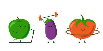 tecknad serie friska grönsaker isolerat grafisk vektor illustrationer . söt vegetabiliska tecken med rolig ansikten. Lycklig leende friska mat uppsättning. äpple, äggplanta, tomat