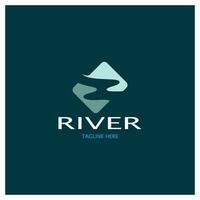 flod logotyp, bäckar, flodstränder och strömmar, med kombination av bergen och jordbruksmark med vektor begrepp design.