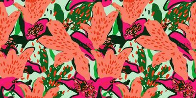 zeitgenössisch Collage tropisch Blätter und Blumen nahtlos Muster. kreativ kritzeln komisch Hipster Element Hintergrund. vektor