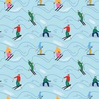 skidåkare och snowboardåkare på de backe. blå bakgrund. vinter- sporter sömlös mönster. vektor