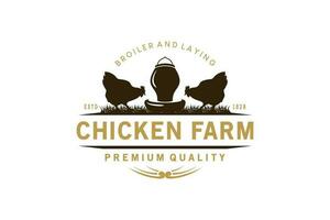 Jahrgang Hähnchen Bauernhof Logo Design, Broiler Bauernhof Vektor Illustration, Verlegung Hühner