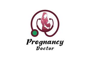 Schwangerschaft Logo Design, Hand gezeichnet schwanger Frau Arzt Logo Vektor Illustration