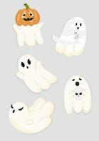 Aufkleber Pack mit komisch Geister auf ein Licht grau Hintergrund. süß fliegend Seelen, Halloween Figuren. Geister im Flug, unheimlich Geister, anders Emotionen, Kürbisse, Mama vektor