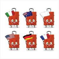 rot Gepäck Karikatur Charakter bringen das Flaggen von verschiedene Länder vektor
