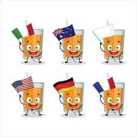Orange Saft Karikatur Charakter bringen das Flaggen von verschiedene Länder vektor