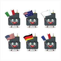 adapter kontakt tecknad serie karaktär föra de flaggor av olika länder vektor