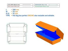 heiß Hund Box perfekt Dieline 208 x 70 x 75 mm Größe oder Burger Box gestanzt Vorlage selbst Montage umweltfreundlich, Nein kleben erforderlich Kasten, schnell Essen Burger Box vektor