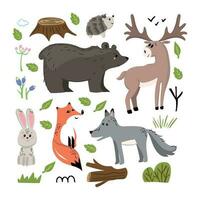 einstellen von Wald Tiere gemacht im eben Stil Vektor. Zoo Karikatur Sammlung zum Kinder Buch und Plakate. tragen, Fuchs, Hier, Igel, Hirsch vektor