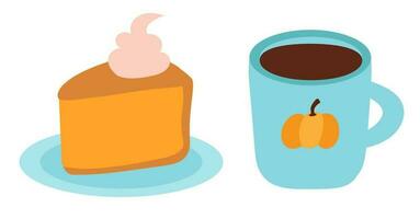 söt te tid med pumpa paj. varm kopp av te eller kaffe. mysigt höst Hem. platt vektor illustration.