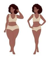 övervikt afrikansk amerikan kvinna stående i främre av tunn, smal, tonad kvinna. fett och övervikt figur begrepp. innan och efter vikt förlust. vektor illustration