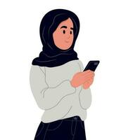 Muslim Frau Frau halten Handy, Mobiltelefon Telefon. Vektor Illustration.