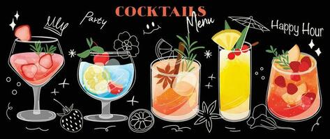 uppsättning av cocktail drycker särskild kampanjer design. alkohol dryck, färsk smaskigt drycker, gnistrande vatten, sommar juice i annorlunda glasögon. klassisk cocktail vektor för annons, meny, affisch.