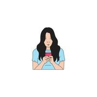 en kvinna med lång hår är chattar med henne cell telefon vektor