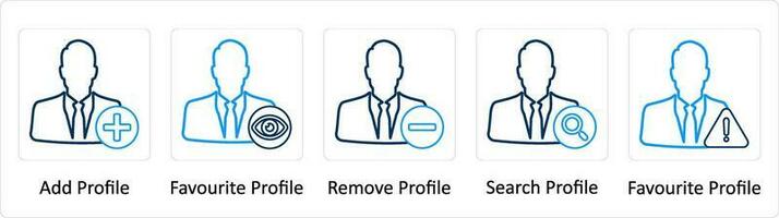 ein einstellen von 5 extra Symbole wie hinzufügen Profil, Liebling Profil, entfernen Profil vektor