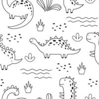 sömlösa mönster med söt dinosaurie i skissartad stil. rolig tecknad dino. handritad vektorklotter för barn vektor