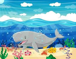 Karikatur komisch Wal Schwimmen im das Ozean. Vektor Illustration