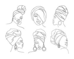 uppsättning av linje konst porträtt afrikansk amerikan kvinnor. porträtt av en kvinna. - vektor illustration