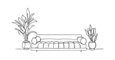 kontinuierlich einer Linie Zeichnung von Sofa und mit eingetopft Pflanzen. skandinavisch stilvoll Möbel im einfach linear Stil. Vektor Illustration