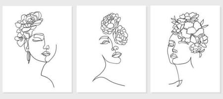 einstellen von Porträt, Gesicht mit Blume. einfach, minimalistisch Vektor Illustration von schön Frau. Linie Zeichnung