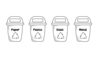 Müll Büchsen mit sortiert Müll. Behälter zum Papier, Plastik, Glas und Metall im Gekritzel Stil. Null Abfall. Abfall Recycling. vektor