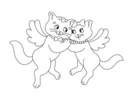 süßes Katzenpaar mit Flügeln. Malbuchseite für Kinder. Zeichentrickfigur. Vektor-Illustration isoliert auf weißem Hintergrund. Valentinstag. vektor