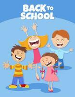 tecknad serie Lycklig elementärt ålder barn med tillbaka till skola rubrik vektor