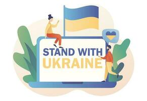 Stand mit Ukraine - - Text auf Laptop Bildschirm. winzig Menschen mit Flagge von Ukraine. Blau und Gelb ukrainisch Flagge. halt Krieg. Nein Krieg. modern eben Karikatur Stil. Vektor Illustration auf Weiß Hintergrund