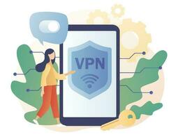 virtuell Privat Netzwerk Konzept. vpn Bedienung im Smartphone App. Cyber Sicherheit, sichern Netz Verkehr, Daten Schutz, Fernbedienung Server. modern eben Karikatur Stil. Vektor Illustration auf Weiß Hintergrund