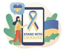 ukrainska flagga rand band på smartphone skärm. blå och gul tejp. flagga av ukraina. stå med ukraina. sluta krig. Nej krig. modern platt tecknad serie stil. vektor illustration på vit bakgrund