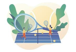 sport klubb uppkopplad. tennis domstol, tennis racketar och bollar. grupp aktivitet, Träning. mästerskap och turnering. modern platt tecknad serie stil. vektor illustration på vit bakgrund